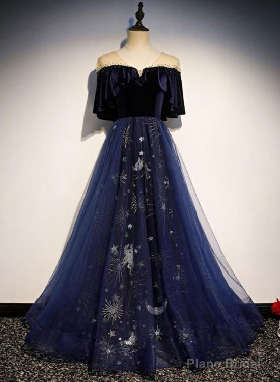 Blue Tulle With Velvet Long Party Dress, A Line Off Shoulder Formal Dress, Prom Dress