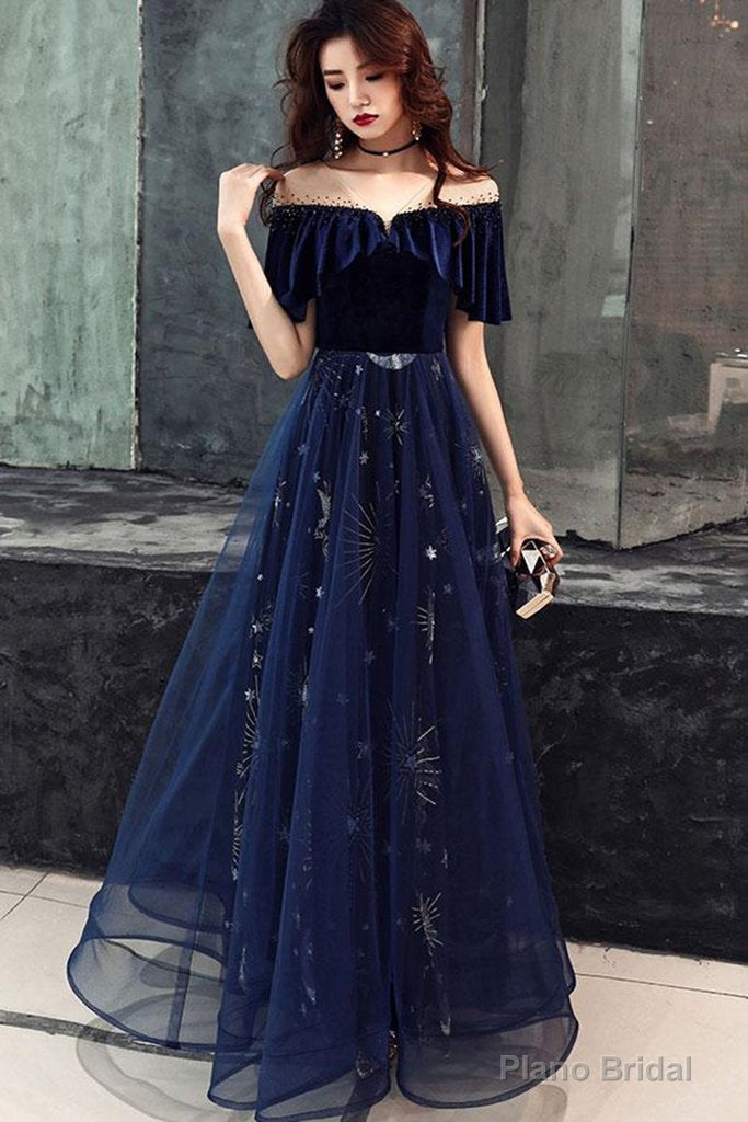 Blue Tulle With Velvet Long Party Dress, A Line Off Shoulder Formal Dress, Prom Dress Main image