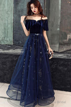 Blue Tulle With Velvet Long Party Dress, A Line Off Shoulder Formal Dress, Prom Dress
