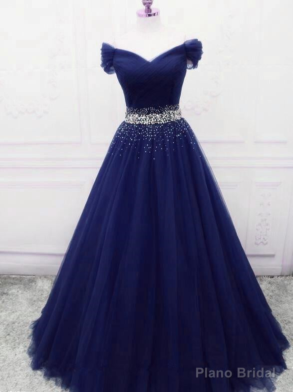 Dark Blue Beaded Tulle A Line Party Dress, Long Prom Dress Main image