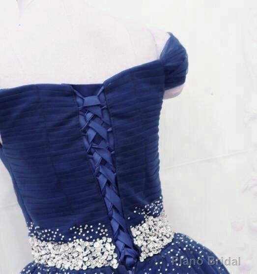 Dark Blue Beaded Tulle A Line Party Dress, Long Prom Dress