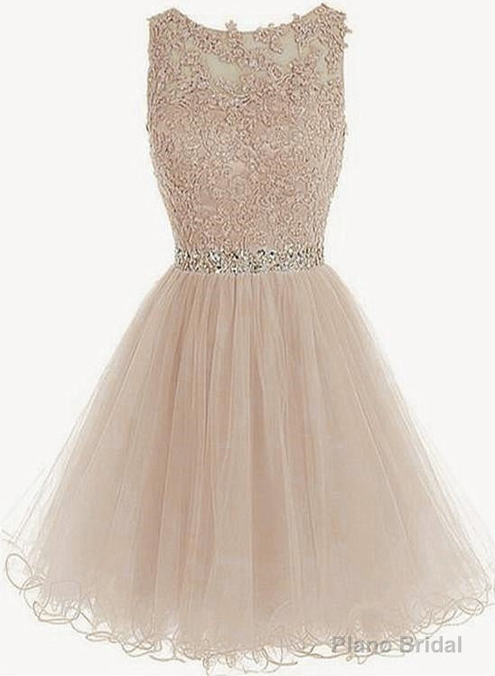 Charming Light Champagne Short Lace Beaded Party Dress, Tulle Homecoming Dress, Formal Dress Main image