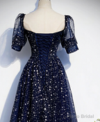 Tulle Square Short Sleeve Prom Dresses