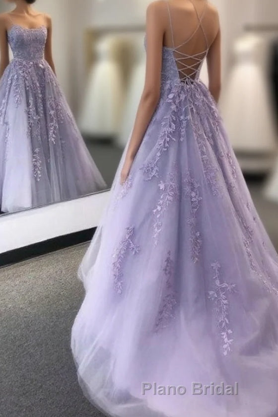 Lavender Backless Tulle Lace Long Formal Prom Dresses Main image