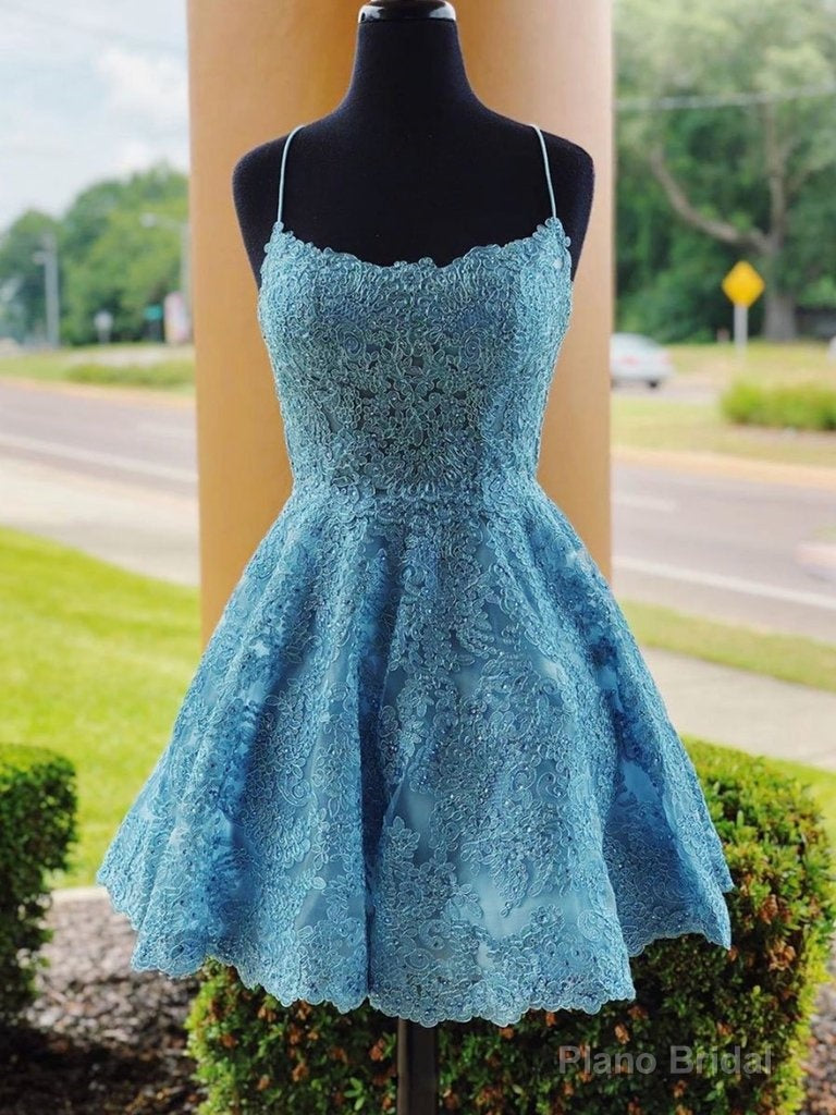 A Line Backless Lace Blue Short Prom Dresses, Homecoming Dresses, Backless Blue Lace Formal Graduation Evening Dresses Main image