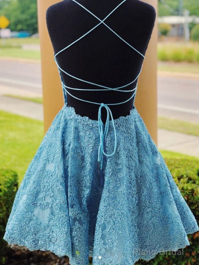 A Line Backless Lace Blue Short Prom Dresses, Homecoming Dresses, Backless Blue Lace Formal Graduation Evening Dresses Secondary image