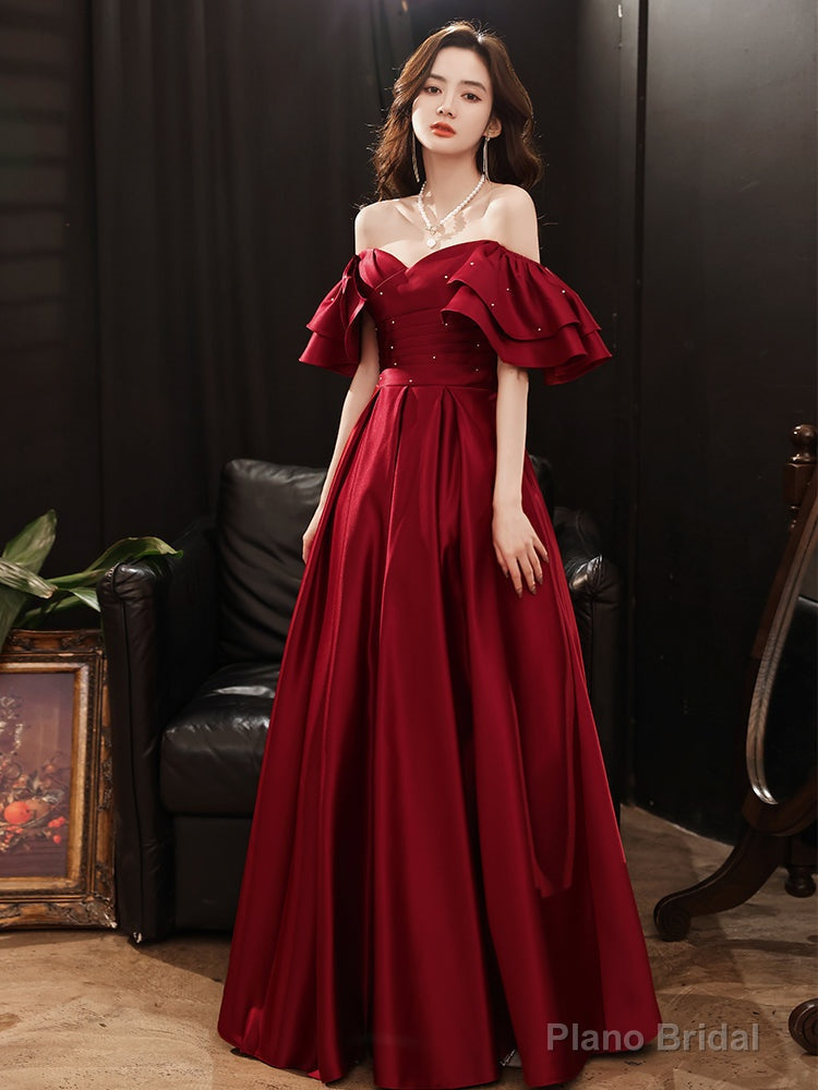 Dark Red Satin Style Off Shoulder Long Prom Dress, A-line Long Formal Dress Main image