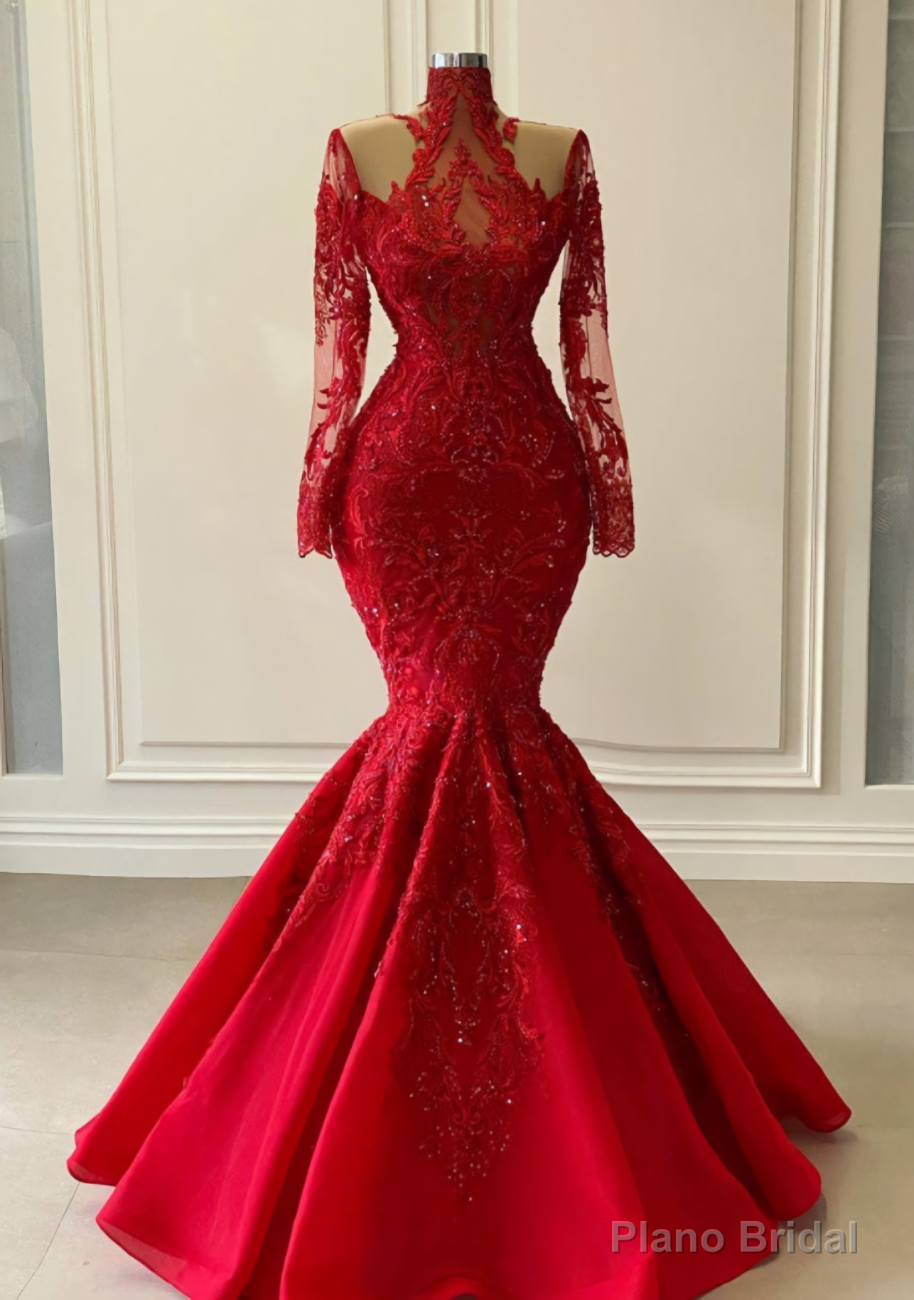 Arabic Aso Ebi Red Luxurious Lace Beaded Evening Dresses, Mermaid Long Sleeves Prom Dresses, Vintage Formal Party Second Reception Gowns Main image