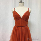 Bridesmaid Dresses, Burnt Tulle Bridesmaid Dress, 2025 Spaghetti Straps Boho
