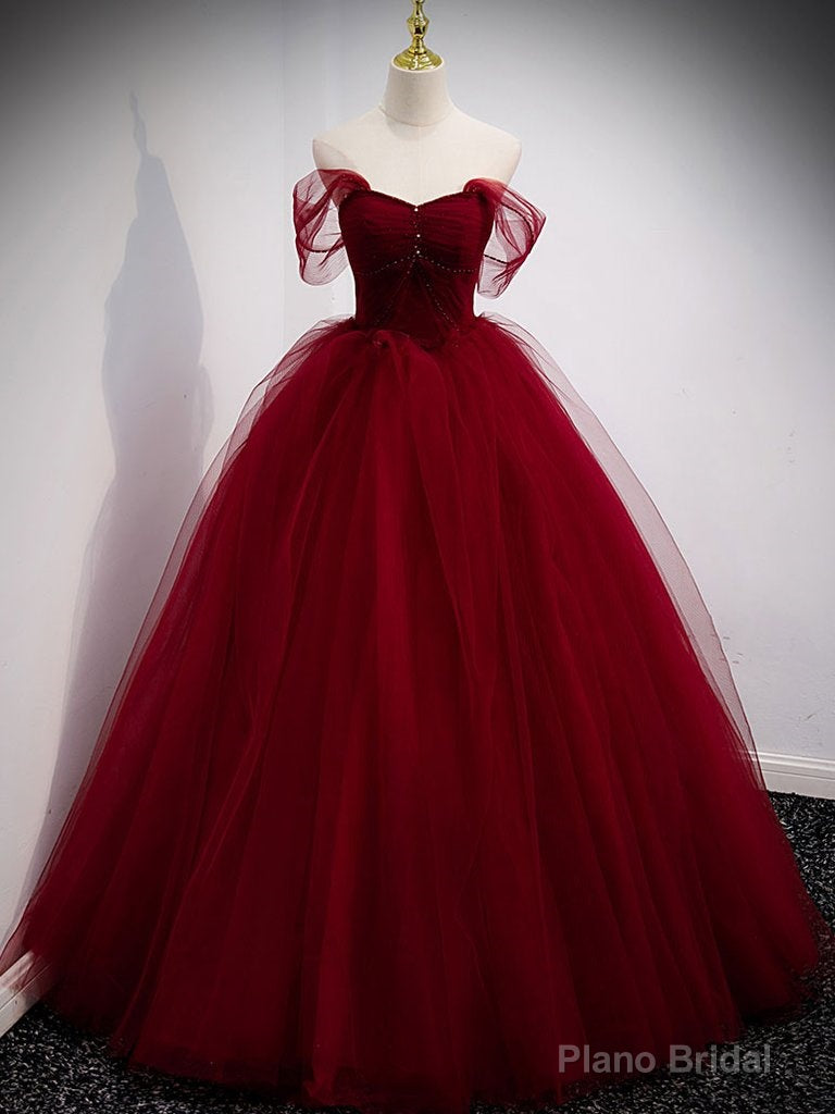 Burgundy Sweetheart Tulle Long Prom Dress, Burgundy Evening Dress Main image