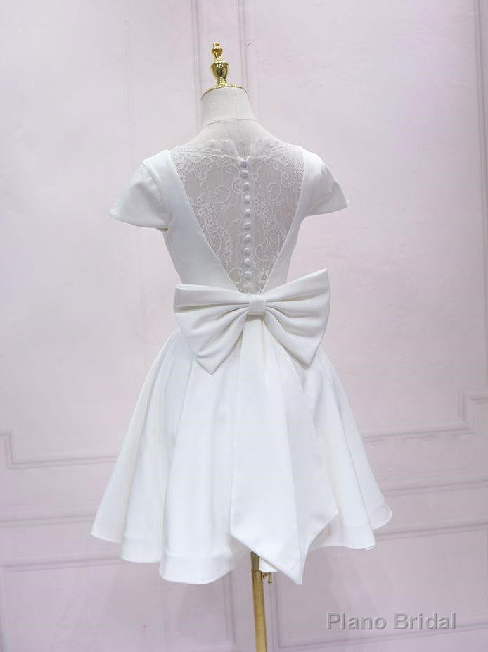 White V Neck Satin Lace Short Prom Dress, White Homecoming Dress