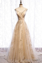 Champagne Tulle Sequins Long Prom Dress Evening Gown