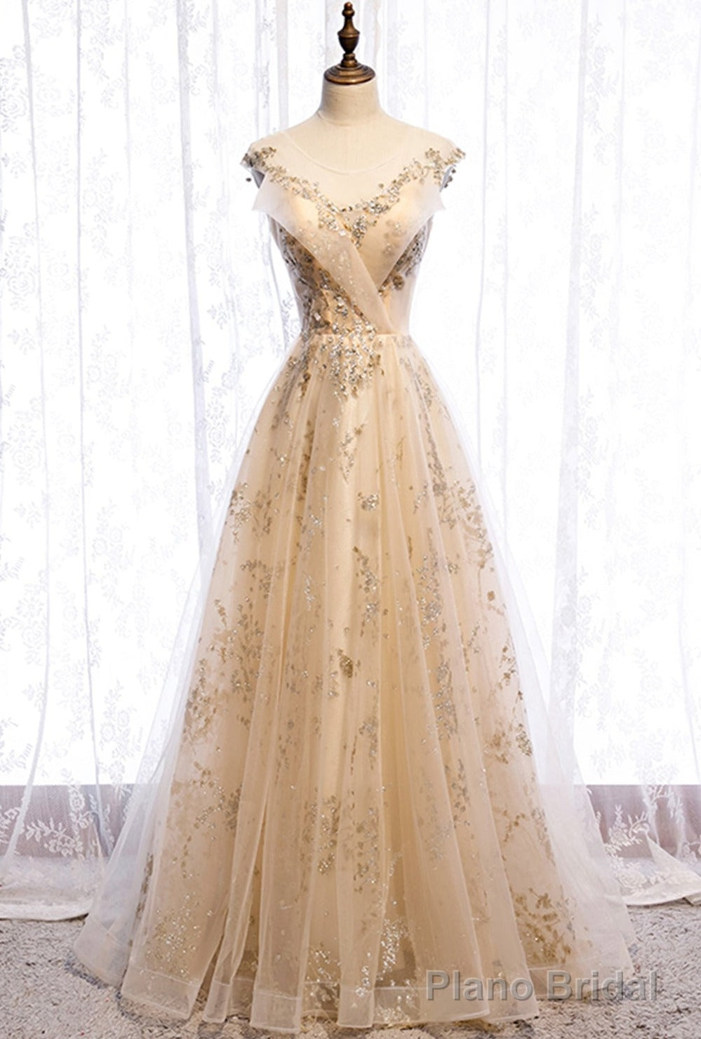 Champagne Tulle Sequins Long Prom Dress Evening Gown