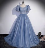 Blue Tulle Long Prom Dress, A Line Evening Gown