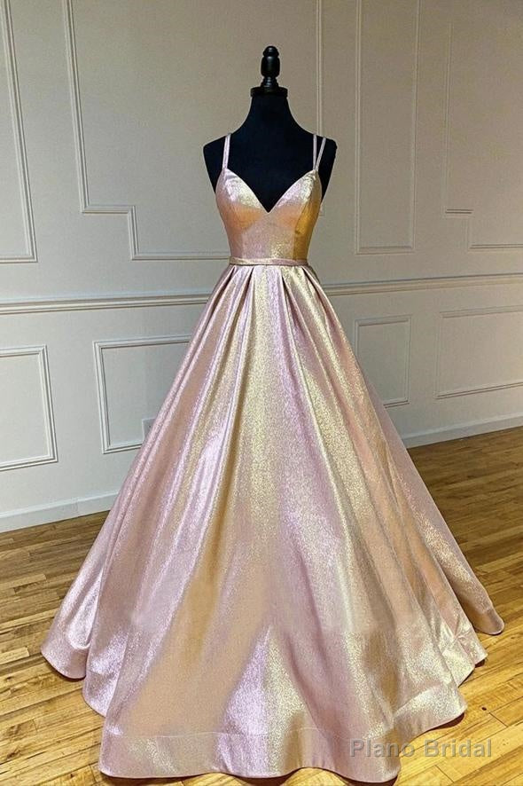 Cute V Neck Satin Long Prom Dress, A Line Evening Gown Main image