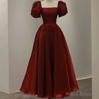 Prom Dresses, Vintage Evening Gown Womens Short Sleeve With Square Collar Ankle Length Formal Plain