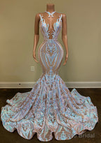 Long Sparkly Prom Dresses Sheer O-neck Sleeveless Real Picture African Black Girls Mermaid Prom Gowns