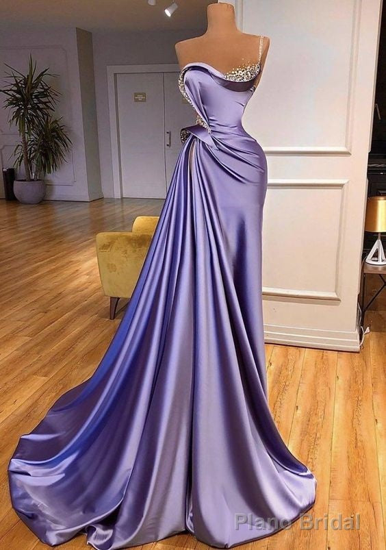 Purple Prom Dresses, Crystal Beaded One Shoulder Prom Dresses, Pleats Satin Prom Dress Main image