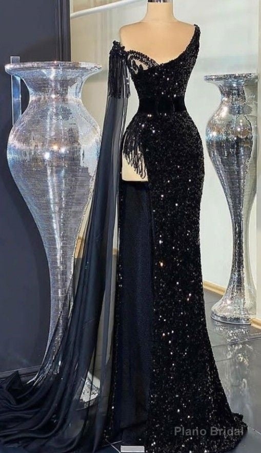 Tassels Black Formal Party Dresses Sparkly Sequined One Shoulder Arabic Dubai Fashion Prom Dresses Main image