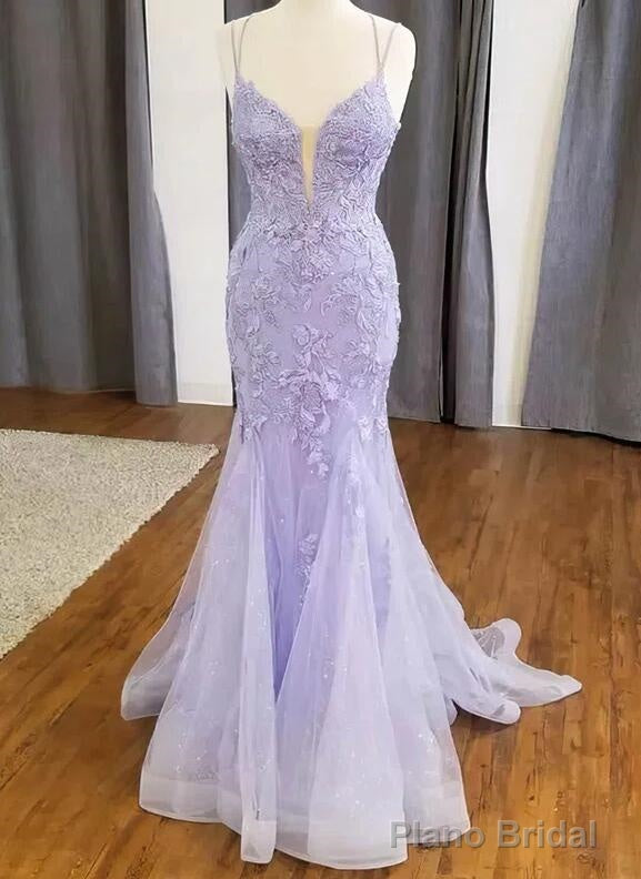 Straps Trumpet/mermaid V-neck Tulle Appliques Lace Prom Dresses Main image