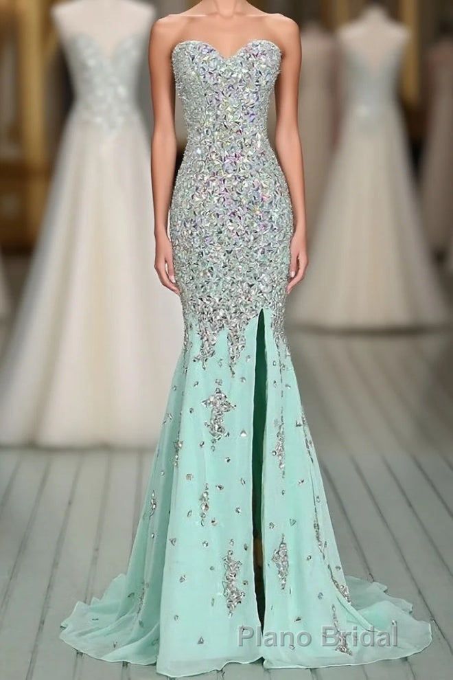 High Quality Mermaid Rhinestones Long Sexy Sweetheart Front Split Mint Chiffon Trumpet 2024 Formal Prom Dresses Main image