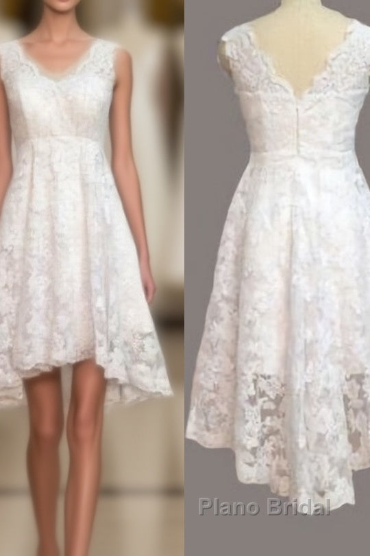 Vintage Ivory Lace Front Short Long Back Beach V Neck High Low Short Outside Cheap Wedding Dresses Main image