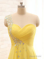 Elegant One Shoulder Yellow Chiffon Beaded Pleat Long Bridesmaid Dresses