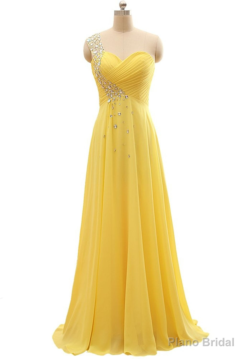 Elegant One Shoulder Yellow Chiffon Beaded Pleat Long Bridesmaid Dresses Secondary image