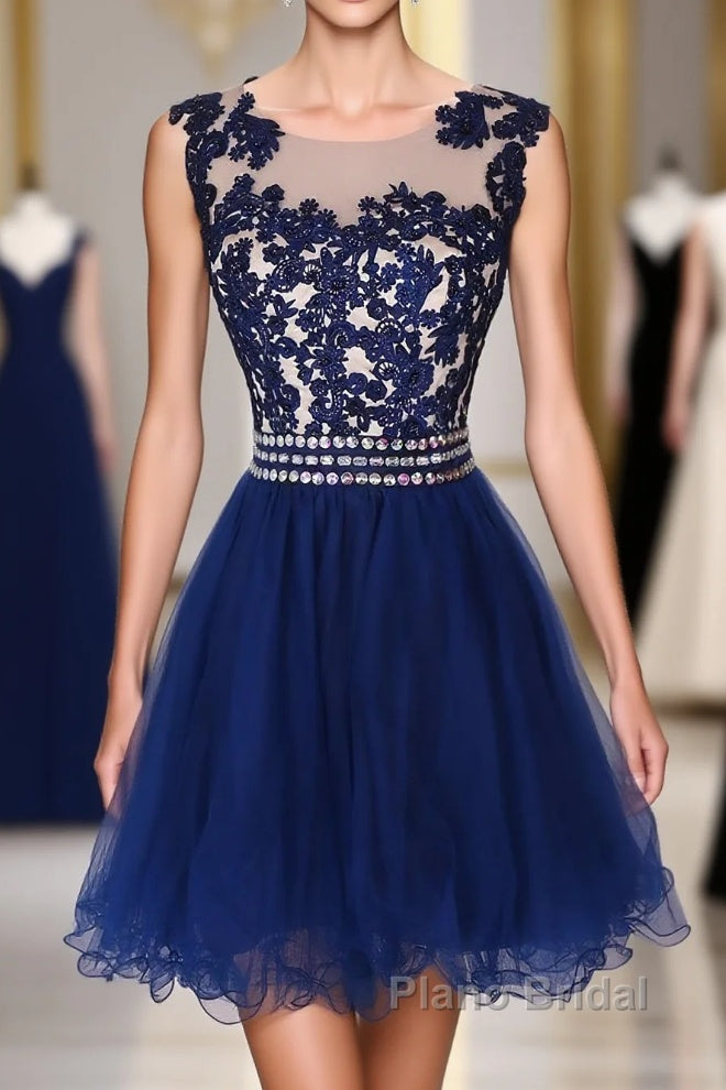 Navy Blue Lace Short With Waist Beadings Royal Blue Custom Made Mini Length Women Skirt Formal Prom Dresses Main image
