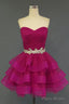 Hot Pink Organza Sweetheart Neckline Short Beadings Belt Tiered Rose Red Layers Prom Dresses
