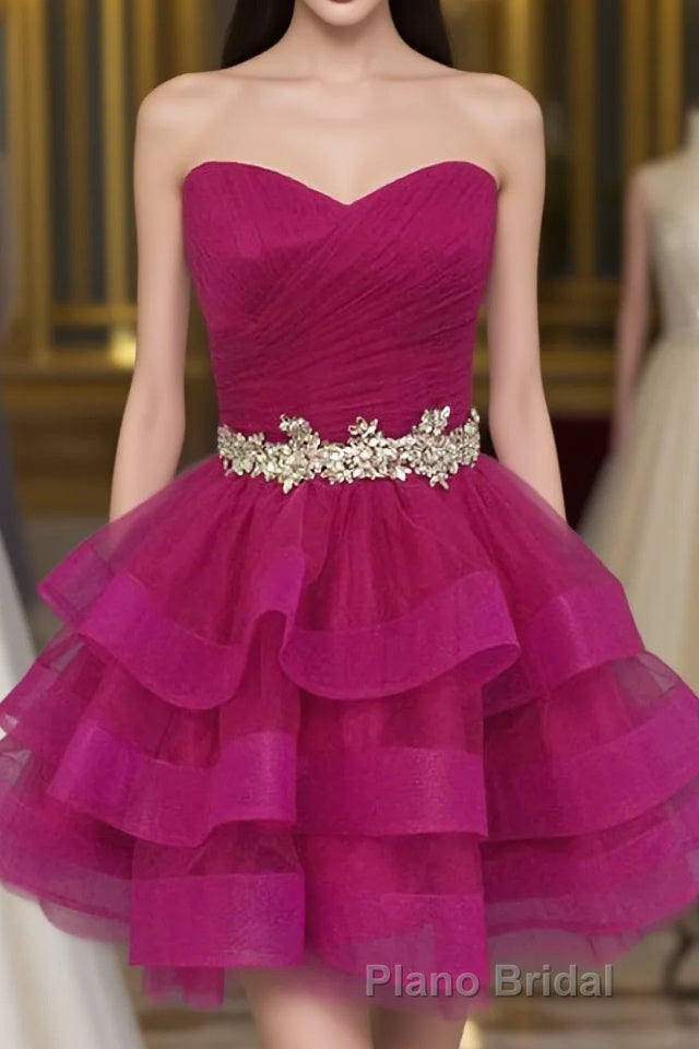 Hot Pink Organza Sweetheart Neckline Short Beadings Belt Tiered Rose Red Layers Formal Prom Dresses Main image