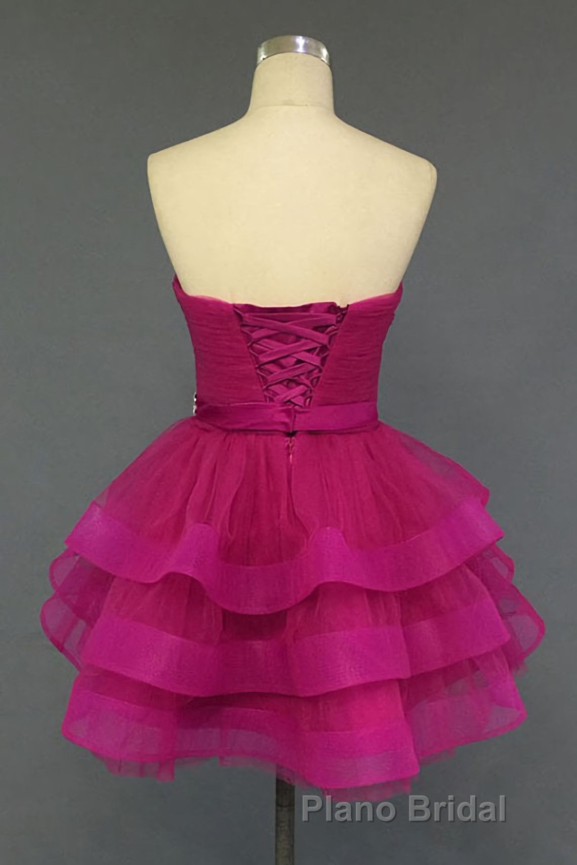 Hot Pink Organza Sweetheart Neckline Short Beadings Belt Tiered Rose Red Layers Formal Prom Dresses Secondary image