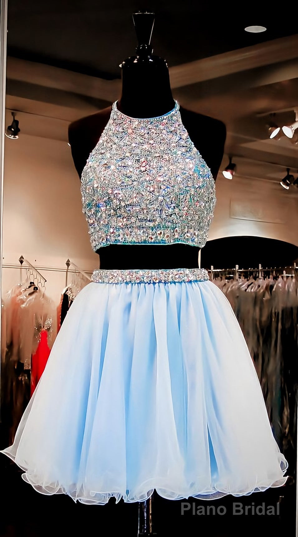 Two Pieces Light Blue Short High Neck Open Back Rhinestones Mid Section Sky Blue Prom Dresses Main image