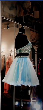 Two Pieces Light Blue Short High Neck Open Back Rhinestones Mid Section Sky Blue Formal Prom Dresses