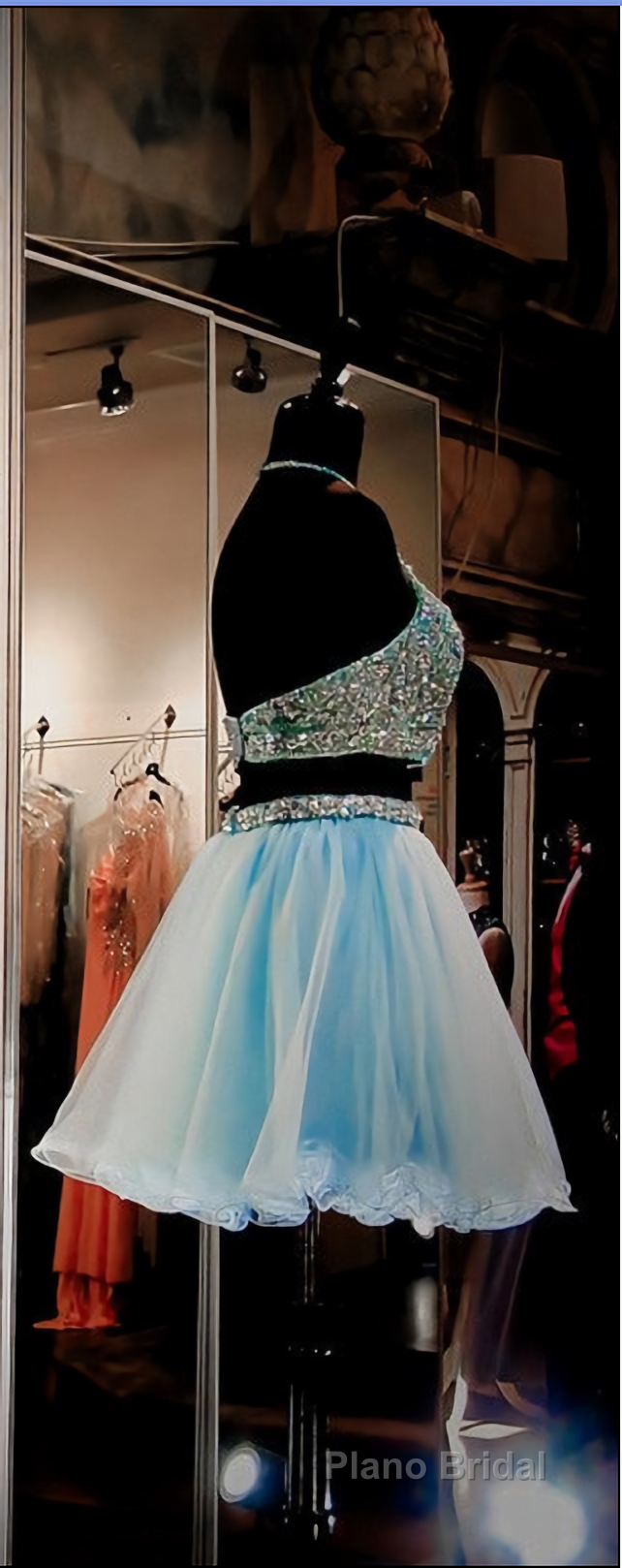 Two Pieces Light Blue Short High Neck Open Back Rhinestones Mid Section Sky Blue Formal Prom Dresses