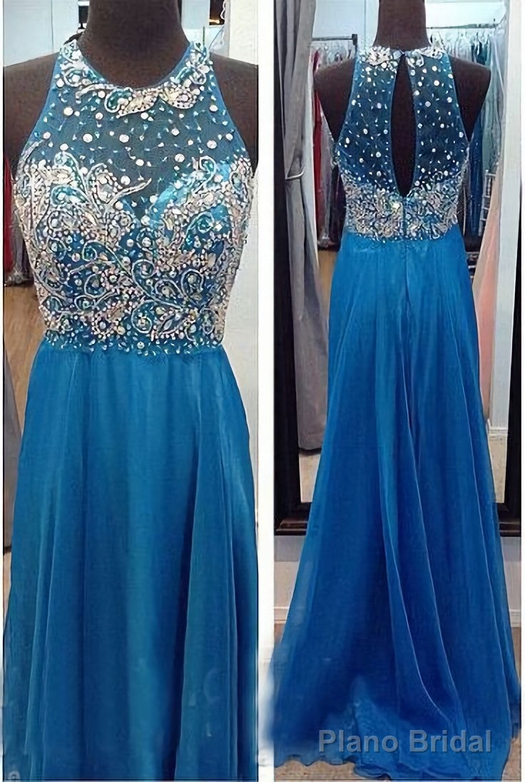 High Neck See Through O Back Dark Blue Chiffon Long Open Back Beaded Crystal A Line Bodice Sexy Prom Dresses Main image