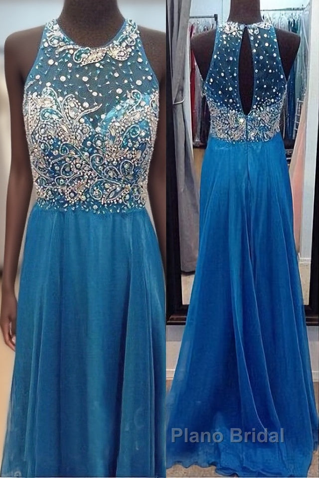 High Neck See Through O Back Dark Blue Chiffon Long Open Back Beaded Crystal A Line Bodice Sexy Formal Prom Dresses