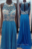 High Neck See Through O Back Dark Blue Chiffon Long Open Back Beaded Crystal A Line Bodice Sexy Formal Prom Dresses
