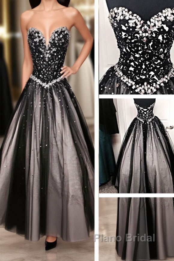 Black White Tulle Long Sweetheart Beaded Bodice For Teens Juniors Formal Prom Dresses Main image