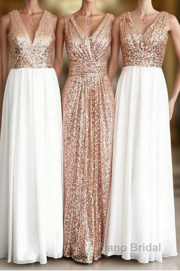 Rose Gold Sequin White Chiffon V Neck Sexy Long Elegant Simple Formal Prom Dresses Main image