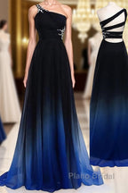 One Shoulder Navy Blue Royal Blue Ombre Gradient Color Chiffon Long Ombre For Sweet 16 Formal Prom Dresses