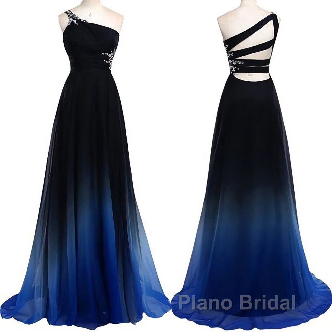 One Shoulder Navy Blue Royal Blue Ombre Gradient Color Chiffon Long Ombre For Sweet 16 Formal Prom Dresses Secondary image