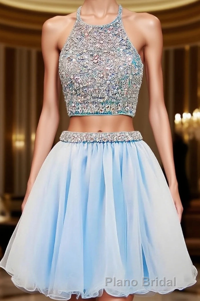 2024 Beautiful Short Two Pieces Light Sky Blue Halter Open Back For Teens Formal Prom Dresses Main image