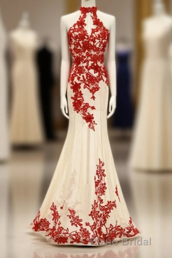 Charming Red Lace And Champagne Tulle Halter Elegant Sparkly Formal Prom Dresses Main image
