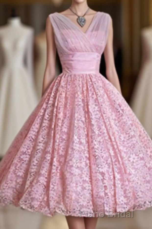 V Neck Lace High Low A Line Vintage Cheap Cute Short Formal Prom Dresses Main image