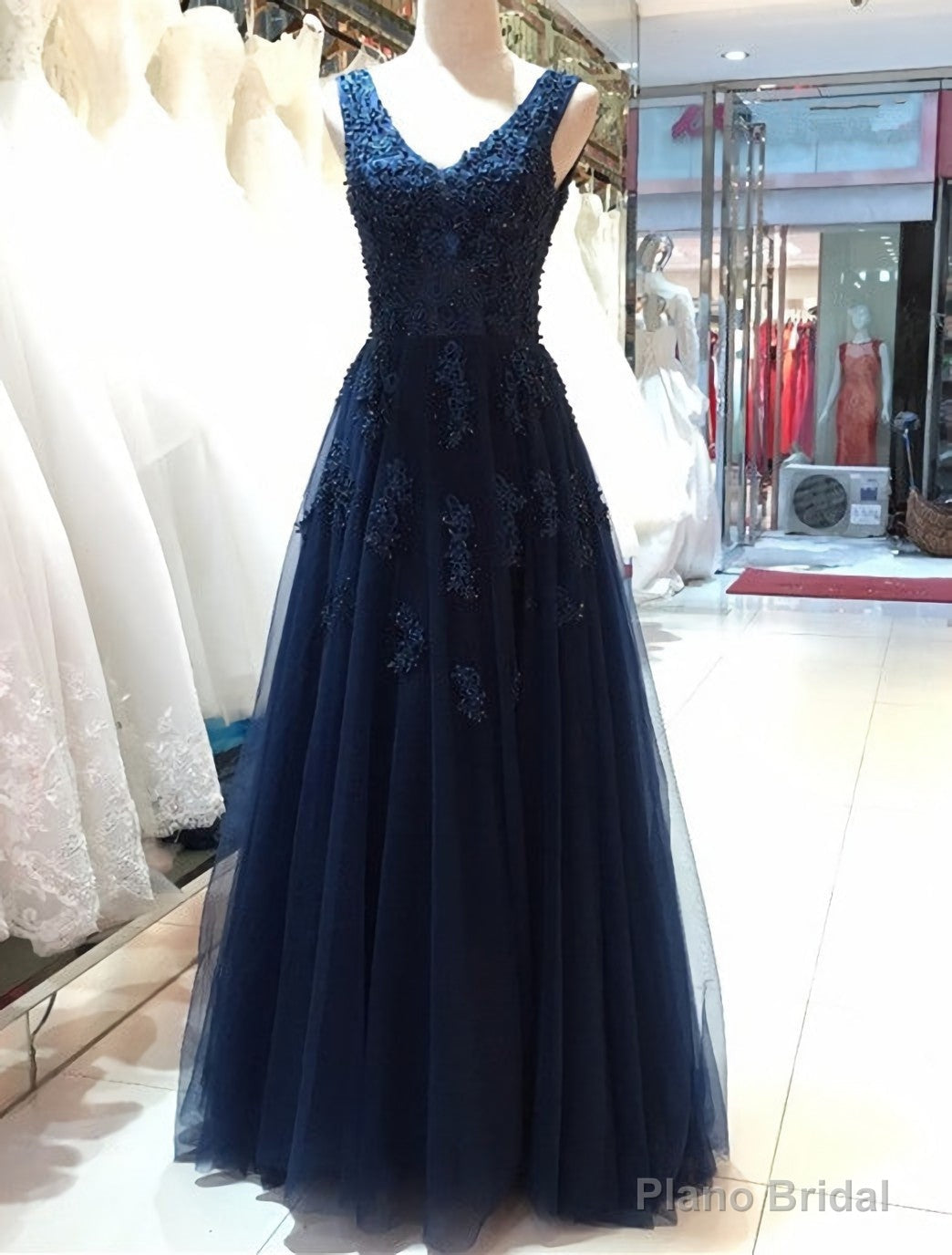 Elegant Navy Blue Tulle Backless Floor Length Prom Dresses, Party Gowns Evening Dresses, Navy Blue Formal Dresses