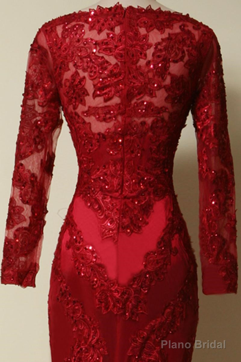 Elegant Long Sleeves Red Lace Mermaid Prom Dress, 2025 Party Dress, Evening Dress, 2025