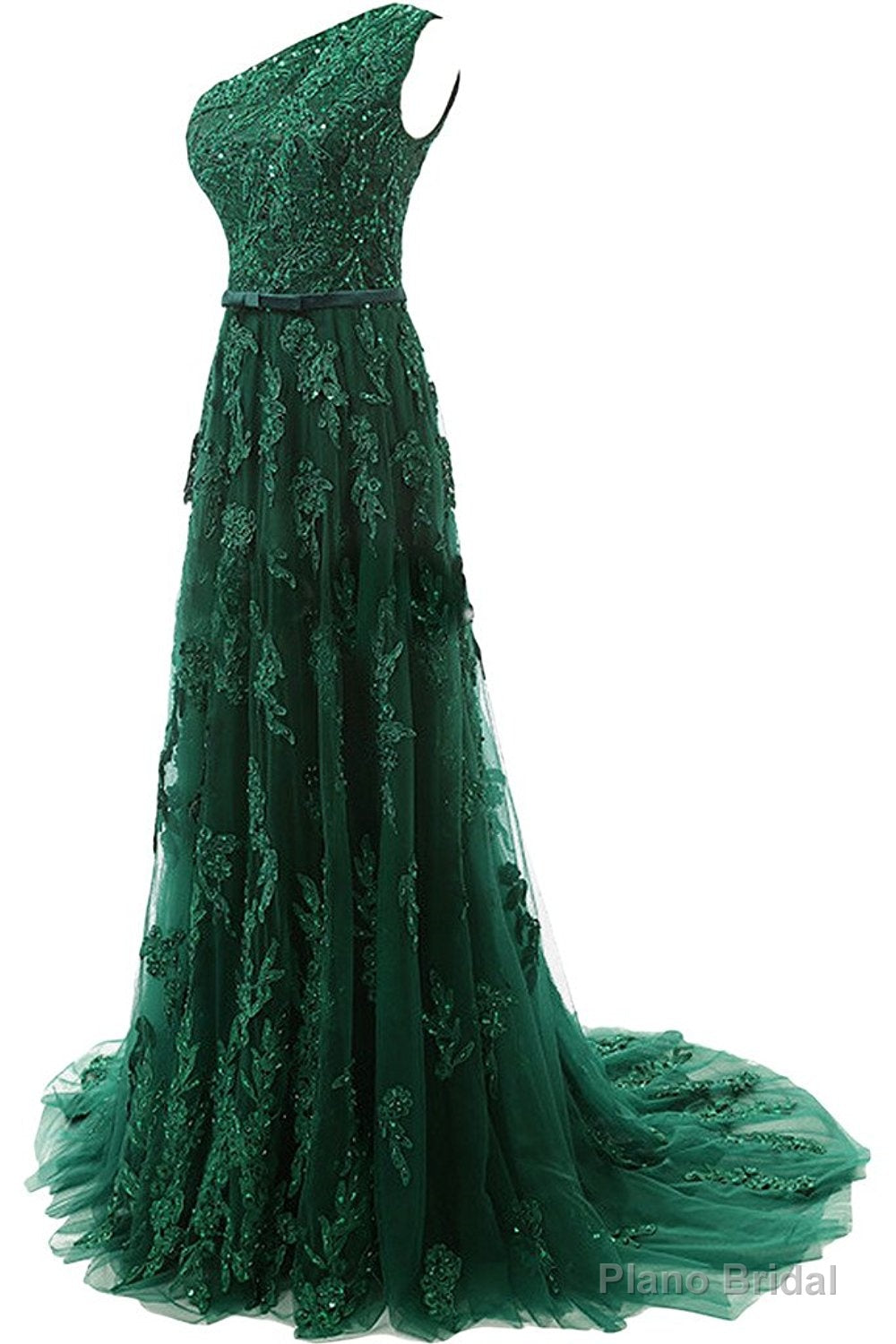 Forest Green Lace Appliques Tulle Floor Length Prom Dress, Featuring One Shoulder Bodice With Bow Accent Belt Main image