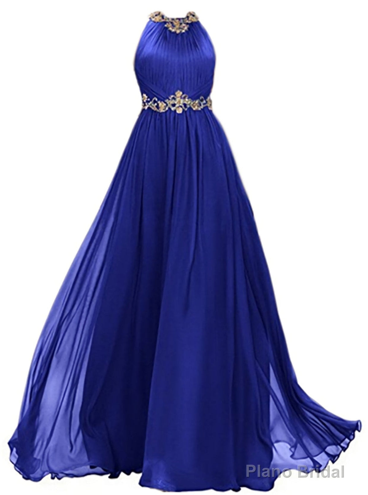 Womens Chiffon Beaded Prom Dress, Jewel Long Evening Dress, A Line Prom Gown With Gold Belt Main image