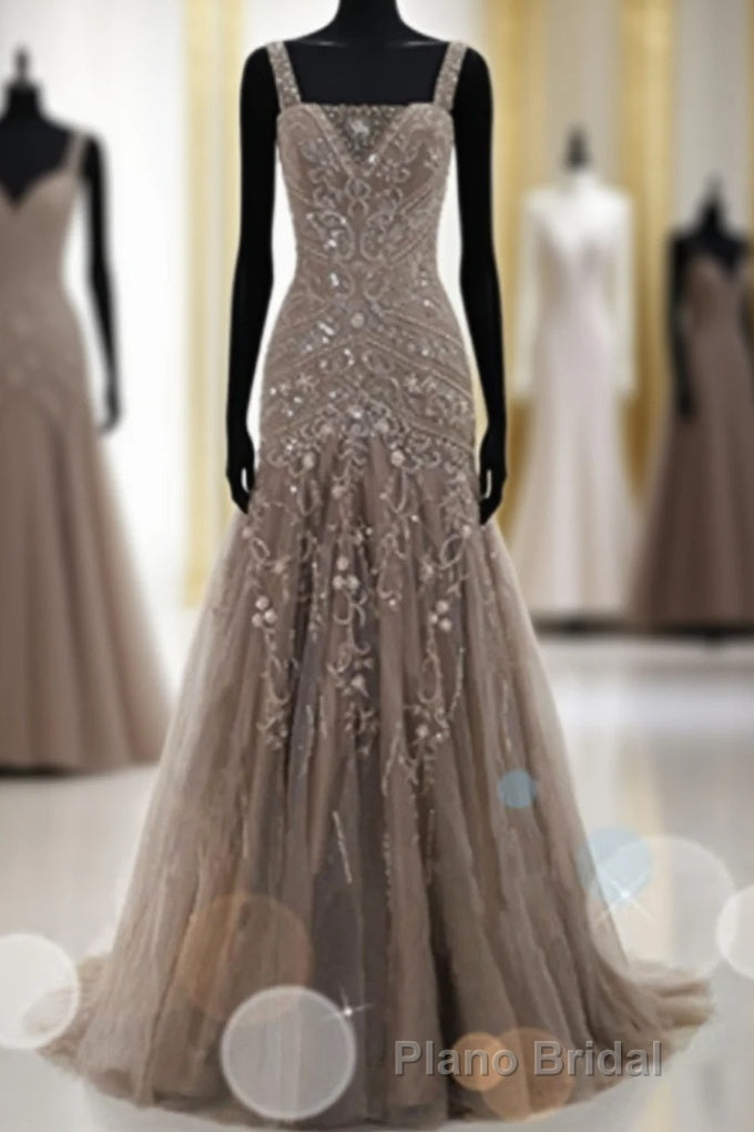 Mermaid Lace Up Brown Tulle Modest Beading V Neck Formal Prom Dresses Main image